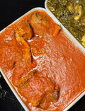 850ml Buka stew with assorted meats, served with ewedu, gbegiri, and a medium portion of amala