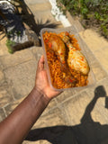 850ml Smokey party jollof rice and Nigerian fried rice served with peppered Nigerian chicken (10 pack)