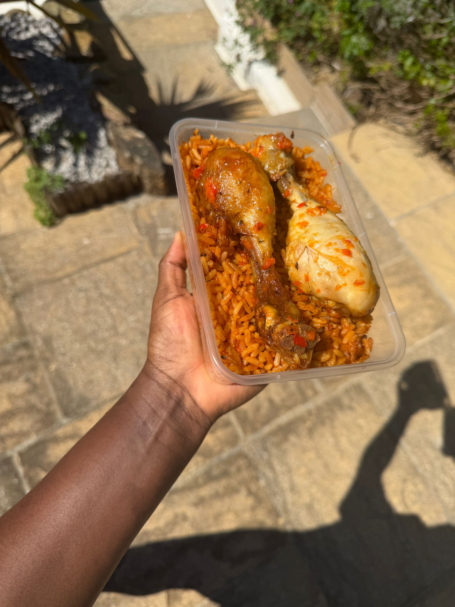 850ml Smokey party jollof rice and Nigerian fried rice with peppered Nigerian chicken and fried plantain, (10 pack)