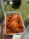 850ml Smokey party jollof rice and Nigerian fried rice with peppered Nigerian chicken, served with peppered hake fish or beef(10 pack)